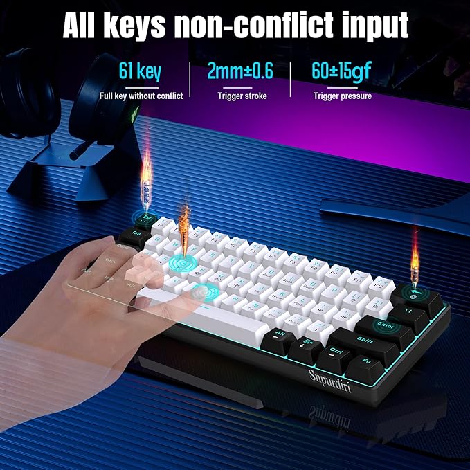 Snpurdiri 60% Wired Mechanical Gaming Keyboard Ice Blue LED Backlit 61 Keys Mini Wired Office Keyboard for Windows Laptop PC Mac (Black-White Brown Switches)