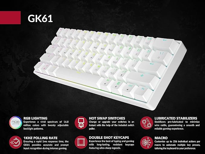 Mechanical Gaming Keyboard - 61 Keys Multi Color RGB Illuminated LED Backlit Wired Programmable for PC/Mac Gamer (Gateron Mechanical Black White)