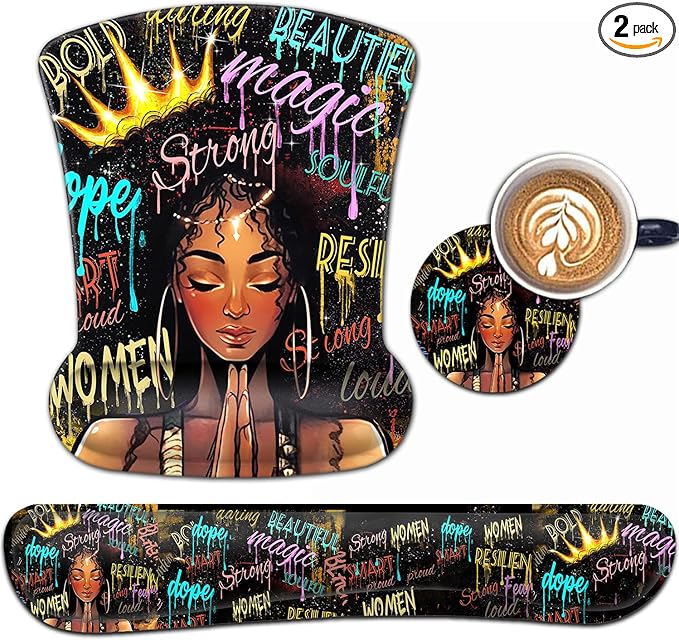 Keyboard Wrist Rest and Mouse Pad Wrist Support Set Ergonomic Gel Mouse Pad Wrist Rest with Non-Slip Base for Home Office Desk Pad African American Black Women Graffiti Girl Gaming Mouse Mat