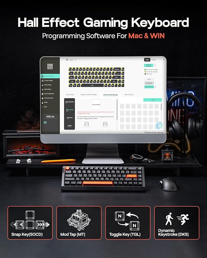 EPOMAKER HE68 Lite Hall Effect Gaming Keyboard 8k Polling &amp 128K Scan Rate 0.005mm Adjustable Trigger 0.125ms Latency 5-Layer Sound-Dampened Snap Key SOCD A-RGB Wired Mac Software (Black