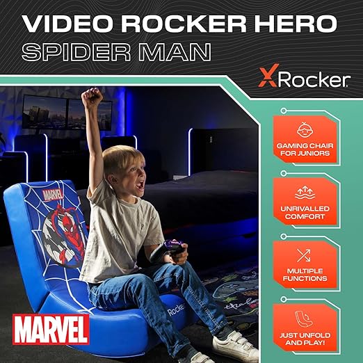 X-Rocker Official Marvel Spider-Man Video Rocker Gaming Chair for Juniors Folding Rocking Seat Spiderman Licensed Console Gaming Seat Faux Leather Chair for Children Hero - Spider Man Edition BLUE