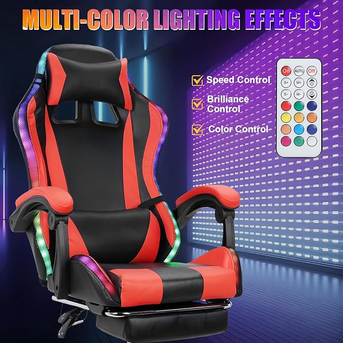 Gaming Chair with Bluetooth Speakers &amp Lights Ergonomic High-Back Office Chair with Retractable Footrest 360° Swivel Adjustable Computer Chair Faux Leather Racing Style for Home Office &amp Ga