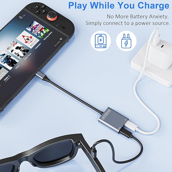 USB-C to Glasses Charging Adapter Charge and Play Adapter with 100W PD Charging and 4K@60Hz Display Output for Switch (Not Switch 2) ROG Ally PS4/5 Xbox Mac mini Laptops &amp DP Alt Mode Devic