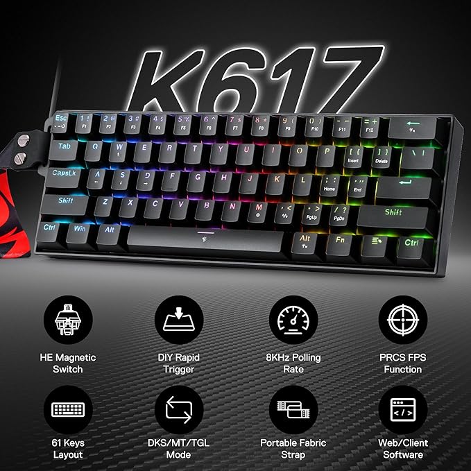 Redragon K617 HE Rapid Trigger Gaming Keyboard 60% 61 Keys Wired Mechanical Keyboard w/Hyper-Fast Actuation Dedicated Hall Effect Magnetic Switch Actuation Point Adjustable Strap Version