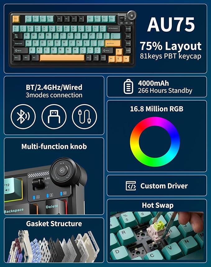 Aula AU75 Wireless Mechanical Keyboard Hot Swap Gasket Gaming Keyboard with Knob BT/2.4G/Wired Custom Keyboard 4000mAh Battery 75% Five-Layer Padding PBT Keycaps RGB Side-Strip for Win/Mac/PC