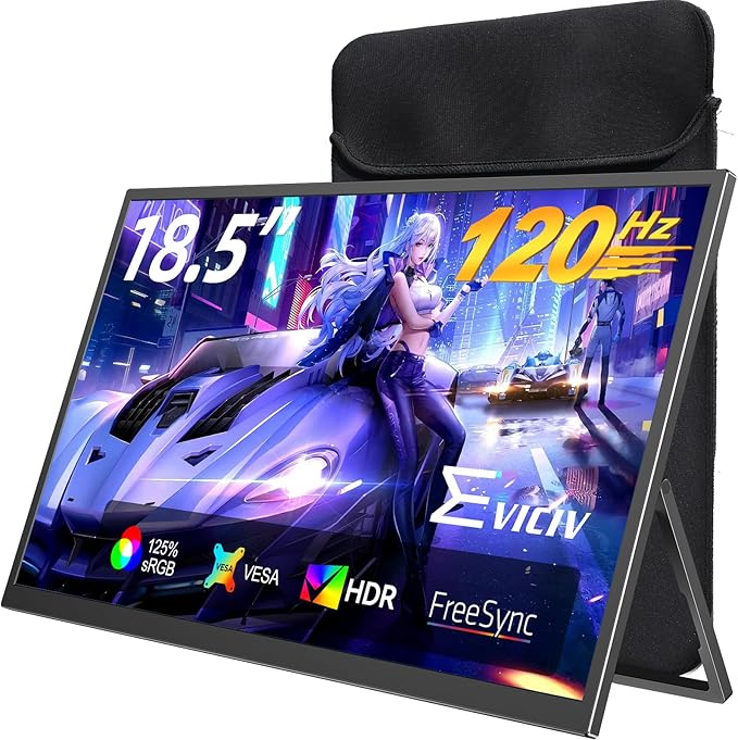 Portable Monitor 18.5” | 120HZ 1ms Gaming Monitor | 125% sRGB | FreeSync HDR | 350Nits | USB-C &amp HDMI | VESA &amp Stand | Large Travel External Second Screen for Laptop Computer Game Consoles