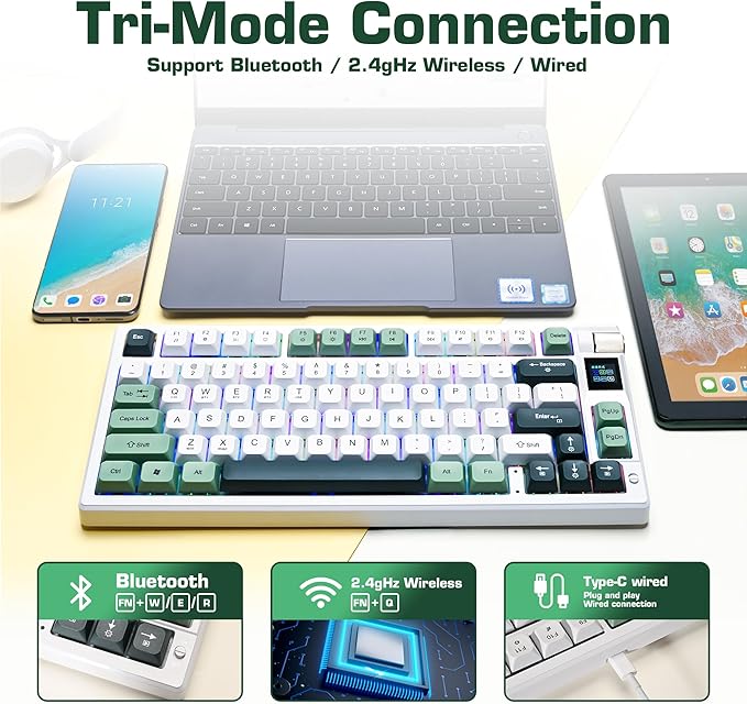 MY-K79 Gradient Wireless Mechanical KeyboardLinear Red Axis Gaming Keyboard with TFT Smart Display&ampKnobHot Swappable Gasket Mount 75% Layout with KnobRGB Backlit Bluetooth/2.4G/USB-C (Gray)
