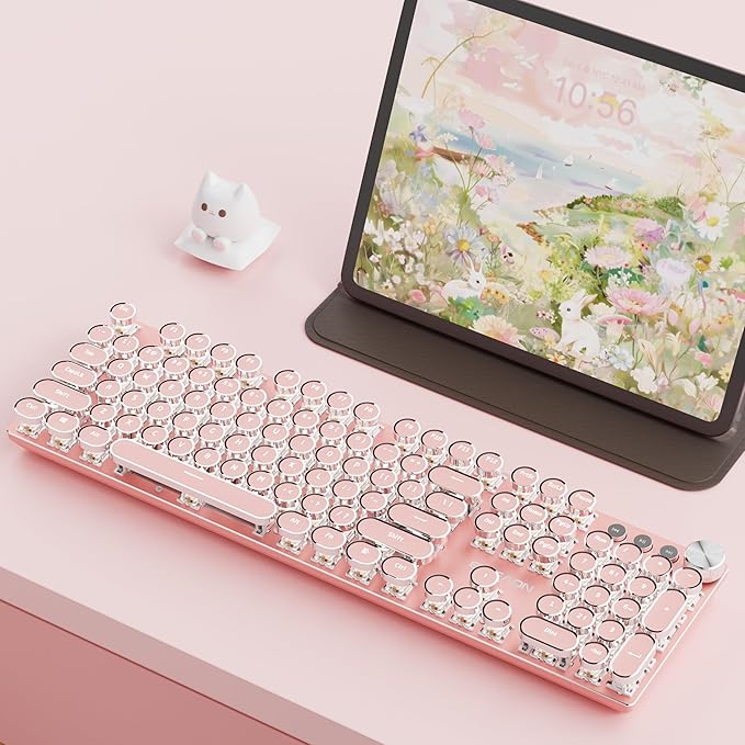 EWEADN V20 Typewriter Keyboard Wireless104 Keys Typewriter Style Mechanical with White Backlit Media Knob White Switch 2.4G/Bluetooth/USB-C Retro Full Size Keyboard for Windows/Mac/PC-Dark Pink