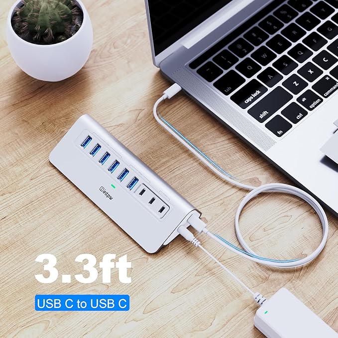 Powered USB Hub intpw 9-Port USB 3.2 Hub 10Gbps USB C Hub with USB A/USB C 3.2 4 USB 3.0 2 PD 45W Charging Port 65W Power Adapter and 3.3FT Cable Aluminum USB Hub for Laptop iPhone 17/16/15/PC