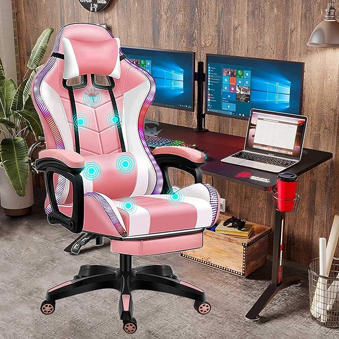 Massage Gaming Chair with Footrest and LED Lights Video Game Chair with Speakers Adjustable Height and Armrest PU Leather Ergonomic Office Computer Chair for Adults and TeensPink