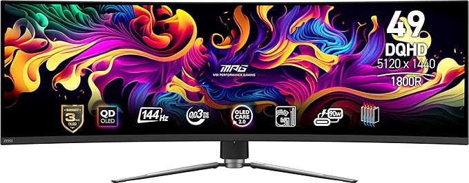 msi MPG 491CQP QD-OLED 49 Curved OLED Gaming Monitor 5120 x 1440 (DQHD) 0.03ms Response time 144Hz True Black HDR 400 HDMI DP Port USB Type C Tilt Height