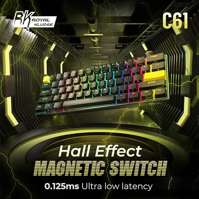 RK ROYAL KLUDGE C61 HE Gaming Keyboard 60% Wired Mechanical Keyboard with Hall Effect Magnetic Switch 8000Hz Polling Rate Rapid Trigger RGB Backlit 61 Keys Black Yellow
