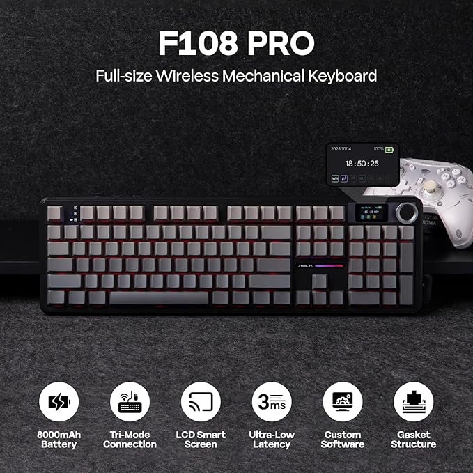 EPOMAKER X Aula F108 PRO Wireless Gaming Keyboard with Screen 8000mAh Battery 104 Hot-Swappable and Programmable Keys and Knob RGB Backlight for Mac/PC/Android (Black Gradient)