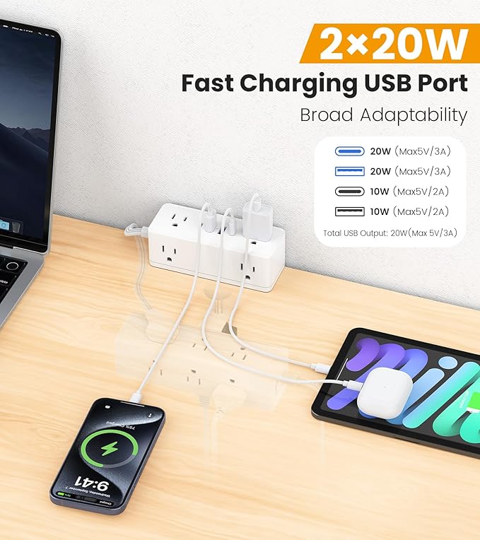 Dual Layer Desk Clamp Power Strip Desktop Edge Mount Surge Protector with 15 AC Outlets &amp 4 USB Ports(20W USB-C) Ultra Thin Flat Plug &amp 10FT Power Cord for Office Home(ETL Listed)