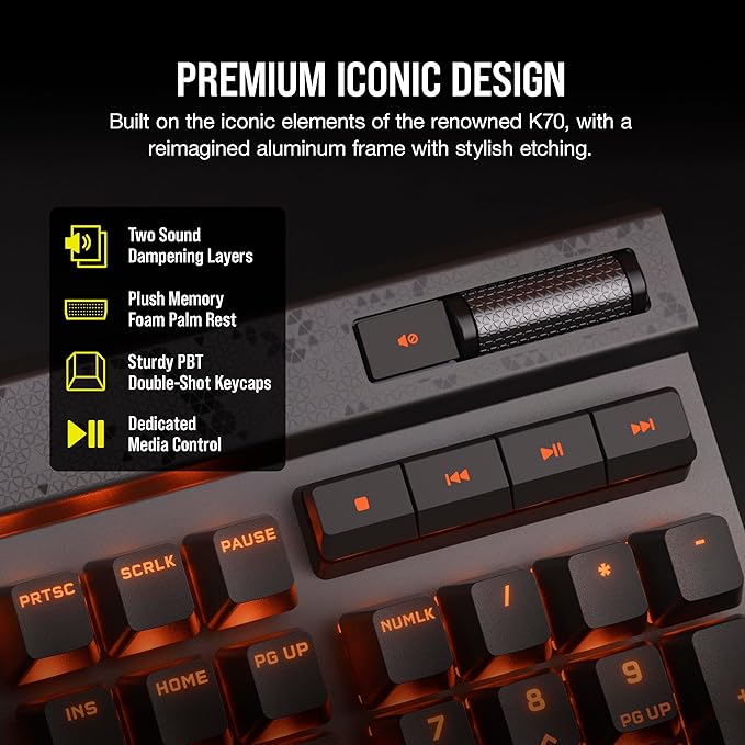 CORSAIR K70 MAX RGB Magnetic Mechanical Wired Gaming Keyboard – MGX Adjustable Switches Simultaneous SOCD and Rapid Trigger PBT Double-Shot Keycaps Sound Dampening 8000Hz Polling QWERTY NA Black