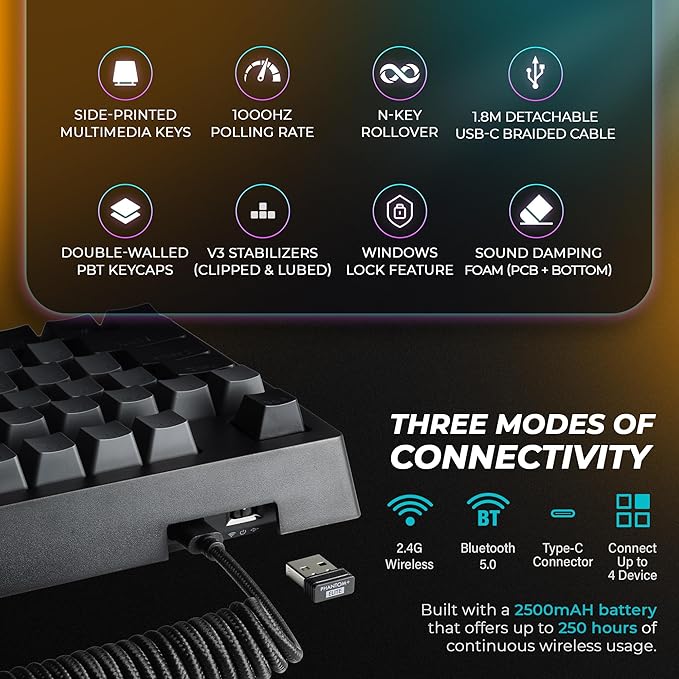 TECWARE Phantom+ Elite 87 Key RGB Mechanical Gaming Keyboard | 3 Mode Wireless Bluetooth 5.0 2.4GHz &amp USB C Wired | Hot Swappable 5 Pin | Double Shot PBT Keycaps | Wraith Pink Switch - Black