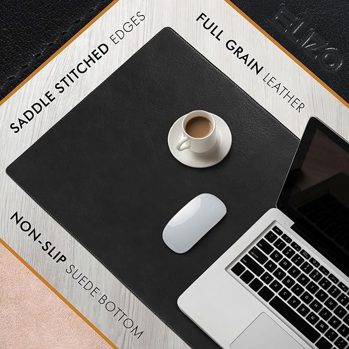Elizo Leather Desk Mat Desk Pad Blotter Set - Real Full-Grain Leather (32x16) 2-Layer Genuine Desk Cover Protector &amp Large Mouse Pad | Computer Keyboard Desk Accessories for Office &amp Home
