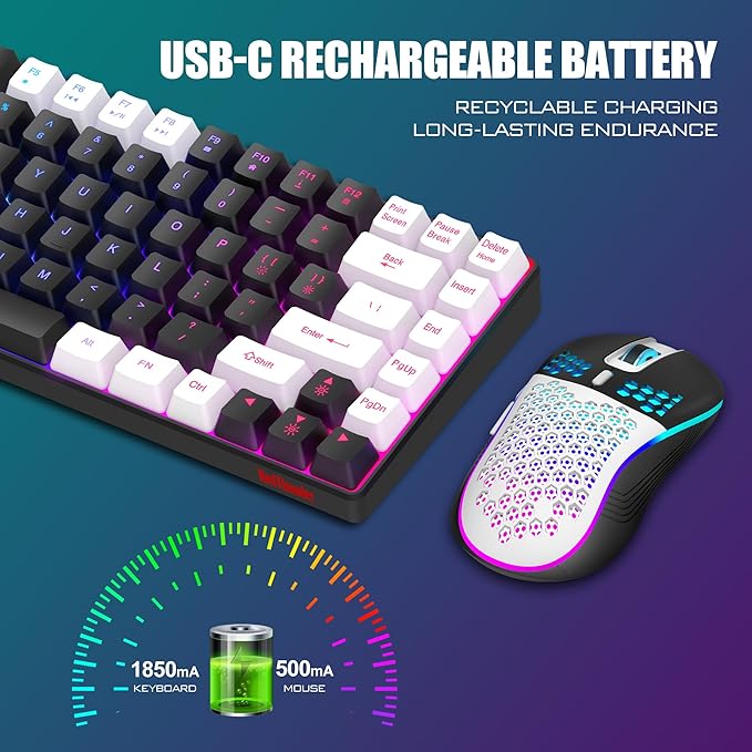 RedThunder K84 Wireless Keyboard and Mouse Combo Rainbow Backlit Rechargeable Battery 75% Layout TKL Ultra Compact Gaming Keyboard &amp Lightweight 3200 DPI Honeycomb Optical Mouse (Black-White)