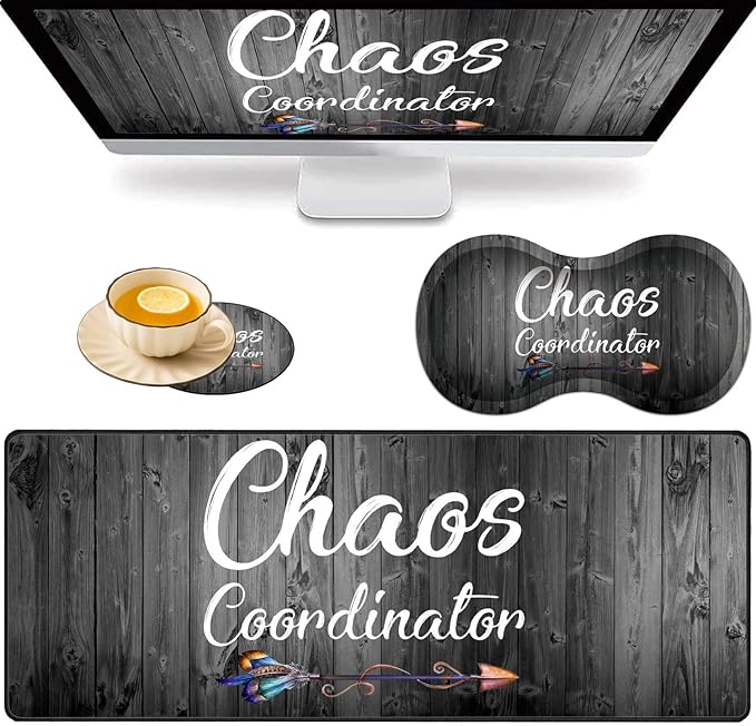 Large Game Mouse Pad + Wrist Support Pad + Coffee Coaster Quote Chaos Coordinator Foldable Table Mat with Stitched Edge Non-Slip Set Pad Suitable for Office Work and Home