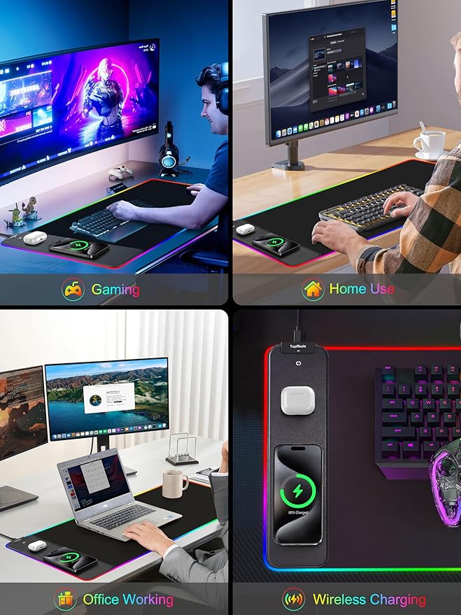 TopMade Wireless Charging RGB Mouse Pad Waterproof Gaming Desk Mat with 4 Light Modes &amp 11 RGB Colors 31.5x15.75 XXL Large Desk Pad(Includes 20W PD Power Adapter &amp 6.56ft Woven Cable)