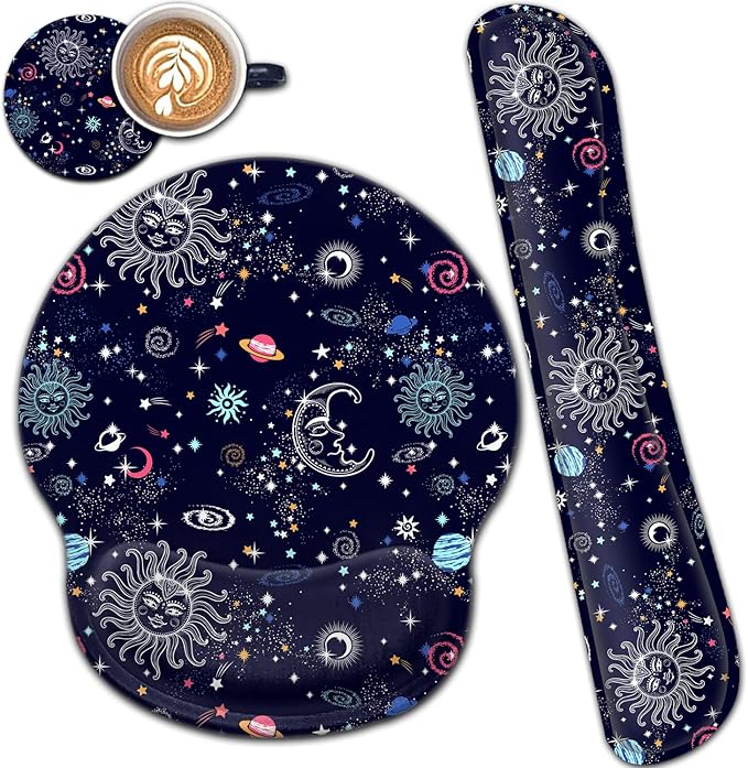 Ergonomic Mouse Pad Gel Wrist Support and Memory Foam Keyboard Wrist Rest Set for Gaming Computer Office Laptop Easy Typing Wireless Mouse MatGalaxy Constellation Sun Moon Cosmic Office Desk Pad