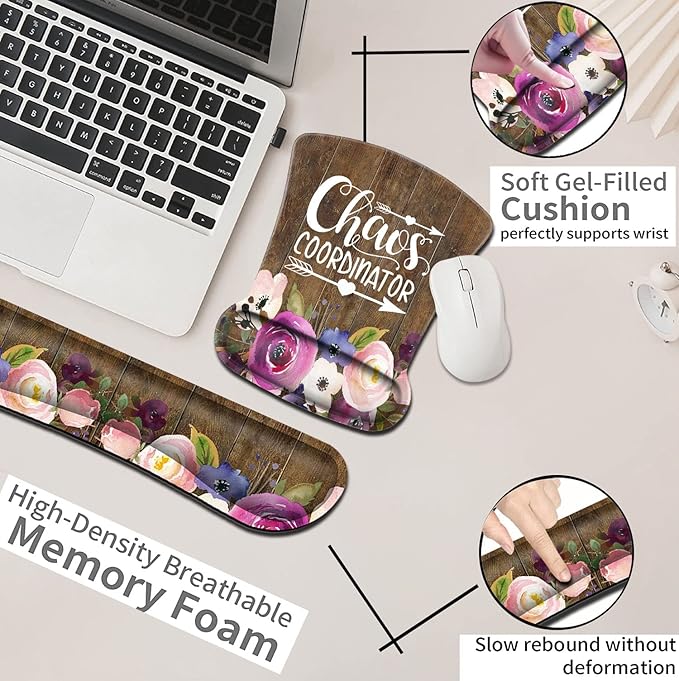 Mouse Pad Wrist Guard and Keyboard Wrist RestOffice Desk Accessories Chaos Coordinator Quotes Vintage Watercolor Floral Mouse Pad Office Decor for Women Office Gifts Desk Decor