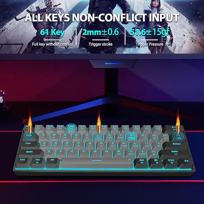 Snpurdiri 60% Wired Mechanical Gaming Keyboard Ice Blue LED Backlit 61 Keys Mini Wired Office Keyboard for Windows Laptop PC Mac (Black-Grey Red Switches)