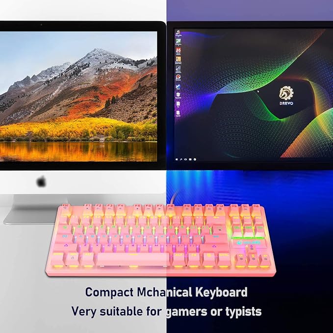 LexonElec K2 Mechanical Gaming KeyboardBlue Switch Mini 82 Keys Wired Rainbow LED Backlit KeyboardLightweight Gaming Mouse 6400DPI Honeycomb Optical for MAC PC Gamers(Pink)