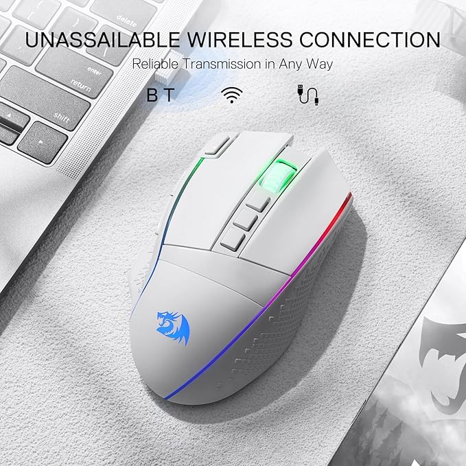 Redragon M991 Wireless Gaming Mouse 26000 DPI 3-Mode Gamer Mice w/Rapid Fire Key 9 Macro Buttons Powerful Capacity and RGB Backlight for PC/Mac/Laptop White