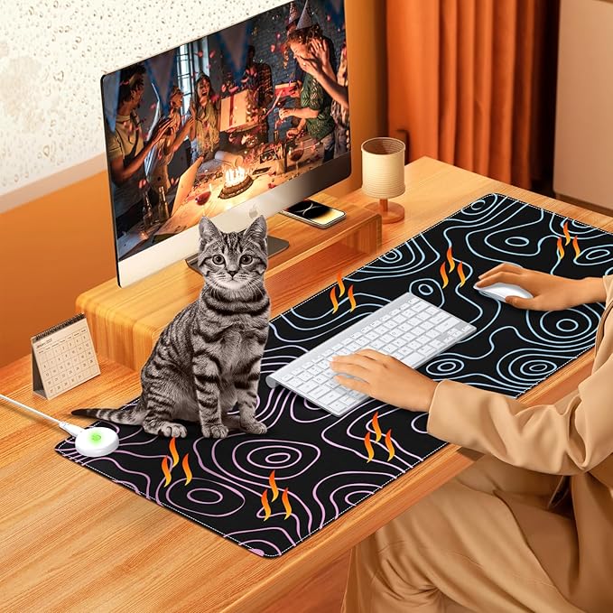 iLeadon Heated Mouse Pad Heated Desk Mat Electric Warm Desk Pad with 4 Heating Levels &amp 4 Auto Shut-Off Levels 35.4 x 15.7 Large Safe Desk Mat Hand Warmer for Home Office Work Black Topograp