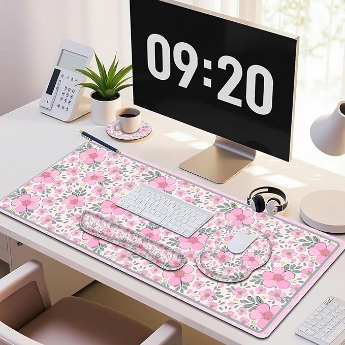 Floral Desk Mat 4in1 Large Mouse Pad with Wrist Rest Cute Desk Matt for Desktop Deskpad Mat Anti-Slip XXL Computer Ergonomic Mousepad with Wrist Support for Keyboard and Mouse I Pink Flowers