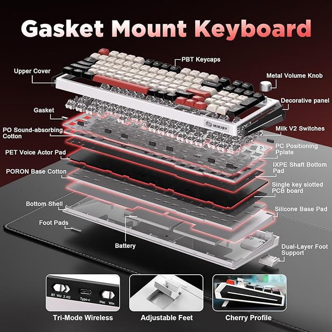 K98 Wireless Mechanical KeyboardTri-Mode BT5.0/2.4GHz/USB-C Hot Swappable Custom KeyboardGasket StructureRGB Backlit Gaming Keyboard for Win &amp Mac(White&ampRedMilk-V2 Switch)