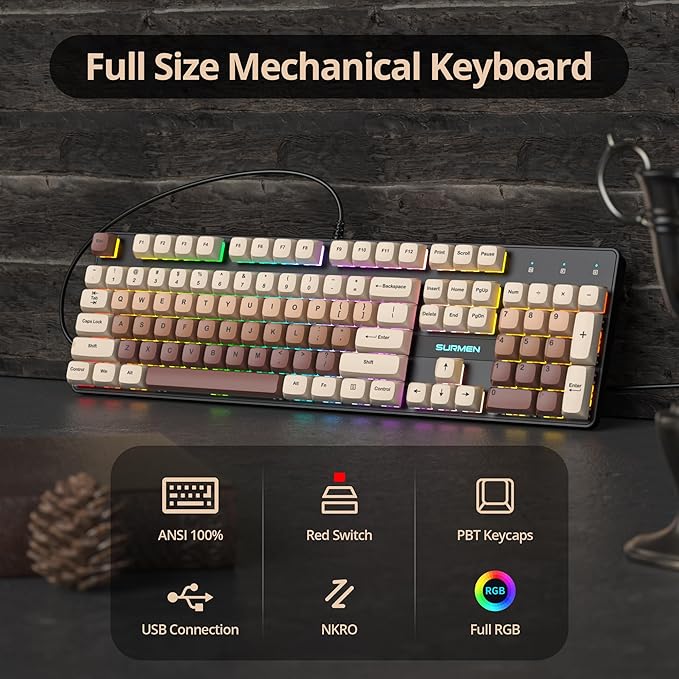 Wired Full Size Brown Mechanical Keyboard 104 Keys Creamy Keyboard with Number Pad RGB Gaming Keyboards Linear Red Switch NKRO for Windows Laptop PC Gamer(104 Brown)