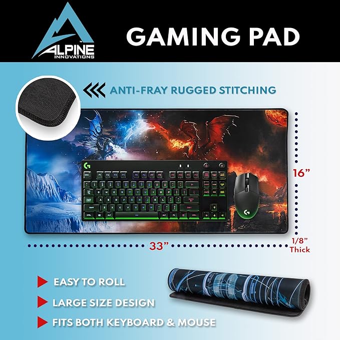 Alpine Innovations Surface Mat with Stitched Edges | Giant Mouse Pad 16” x 33” | Durable Non-Slip Rubber Base | Computer Keyboard Pad for Desktops | Dragons