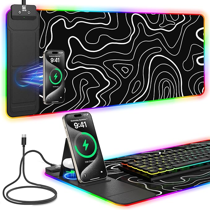 Mouse Pad with Foldable Phone Holder &amp Wireless Charger XL RGB Gaming Mousepad 31.5x11.8 Large Desk Mat for Keyboard Home Desk Pad with Dual Qi Charging Station | 11 Colors &amp 5 Modes | Wat