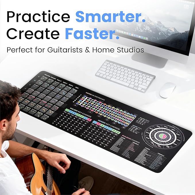 Guitar Theory Cheat Sheet Mousepad – 35×25cm &amp 80×30cm – Chords Scales Fretboard Notes Circle of Fifths – Right-Handed Desk Mat – Optional LED Version (XXL with LED (800x300mm))