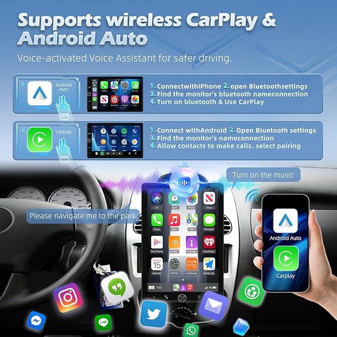 Vertical Single Din Car Stereo 10.4 Inch Rotatable Touch Screen Radio with Wireless Carplay &amp Android Auto Support Backup Cam/GPS/Bluetooth/FM/RDS/Mirror Link/SWC/EQ