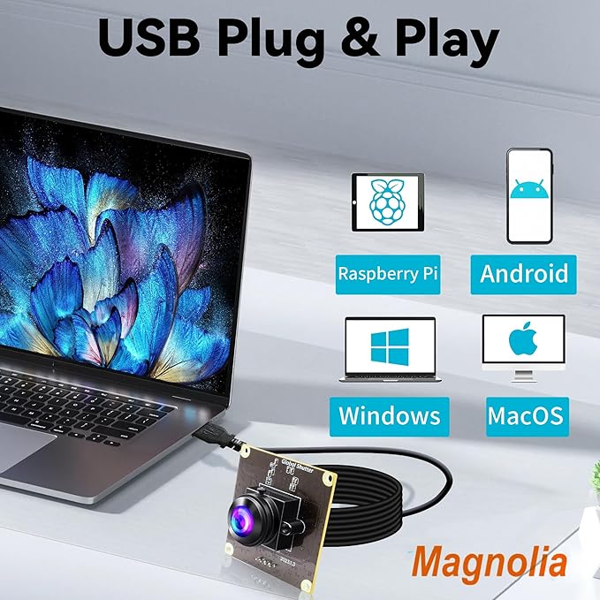 Magnolia Global Shutter USB Camera Module 2MP 90fps High Speed UVC Camera with Wide Angle 200 Degree Fisheye Lens AR0234 Lightburn Webcam Compatible with Windows/Linux/Android and Mac OS