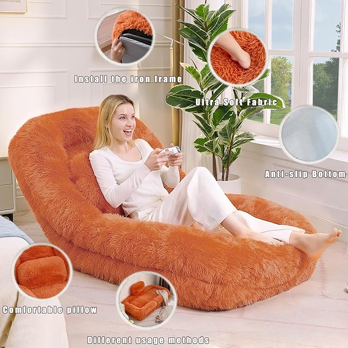 Floor Chair with Back Support Human Dog Bed with 5 Adjustable Position Convertible Lazy Floor Lounger Comfy Gaming Chair Plush Folding Sofa Bed for Adult Living Room Bedroom Orange