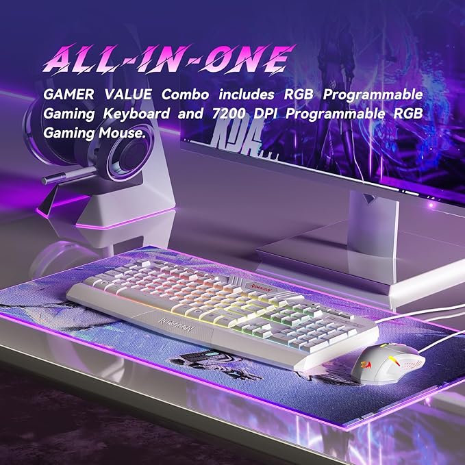 Redragon Updated Programmable Gaming Keyboard and Mouse RGB Backlit Keyboard Mouse with Software Independent Macro Record Keys Value Combo Set White - S101-3 PRO
