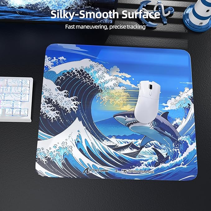 ATTACK SHARK CM05 Glass Gaming Mouse Pad17.7x15.7 in Large Mouse MatNon Slip 9H Hard MousepadsNano-Textured Glass Surface with Improved Precision and Speed for FPS/MOBA-Wave SharkBlue