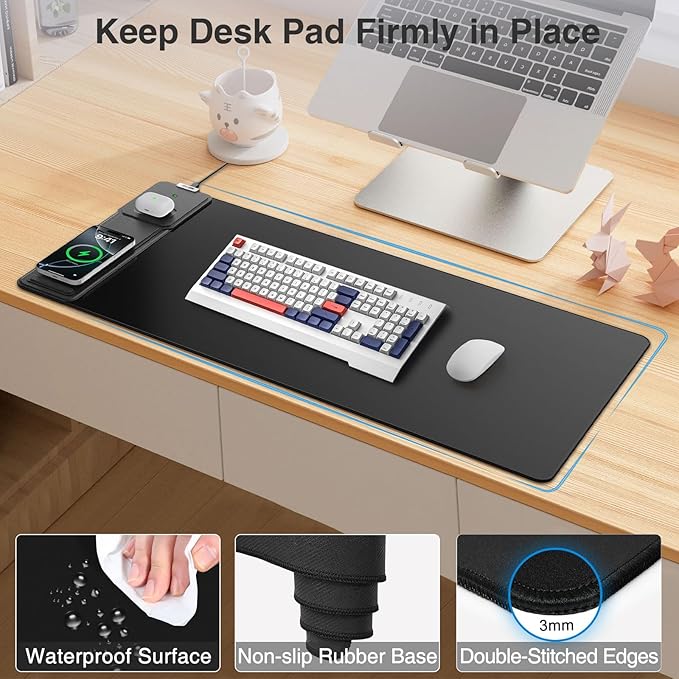 Wireless Charging Mouse Pad with Foldable Phone Holder 31.5x15.8 Large Desk Mat for Laptop/Keyboard Waterproof Ultra-Smooth Surface Non-Slip Base Black