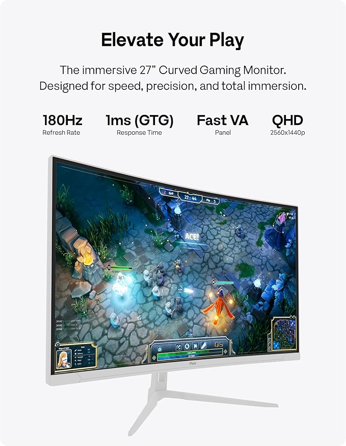 Pixio PXC278WAVE White 27 inch 180Hz Refresh Rate QHD 1440p Resolution 1650R Curve Fast VA Panel 1ms GTG Response Time HDR Curved Gaming Monitor and PS1S Wave White Single Monitor Arm