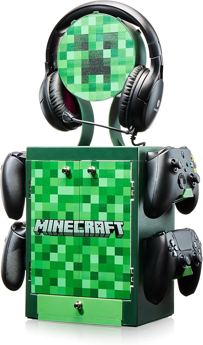 Numskull Official Minecraft Gaming Accessory Locker &amp Storage Stand – Holds 10 Games/DVDs 4 Controllers Headset and Accessories – Durable &amp Compact Organizer – Official Minecraft Merchandis
