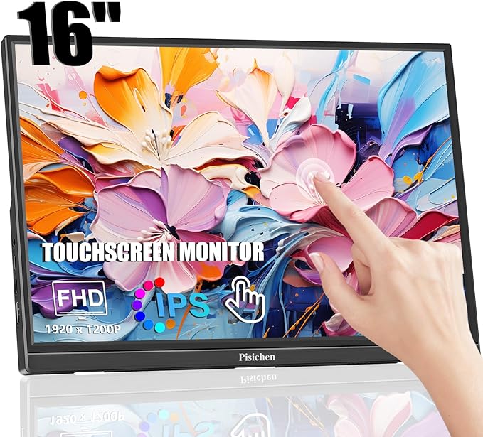 Portable Monitor Touchscreen 16 Inch FHD 1920x1200P HDMI USBC Travel Touch Screen Monitor IPS Display for PC Laptop Computer Ras Pi 300cd/㎡ Built-in Speakers