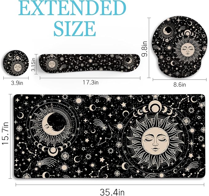 Sun Moon Mouse Pad Set Desk Mat Pad XXL Large Gaming Mouse Pad with Wrist Rest Ergonomic Mouse Pad Keyboard Wrist Rest Coaster Home Office Desk Accessories Decor Supplies Boho Abstract