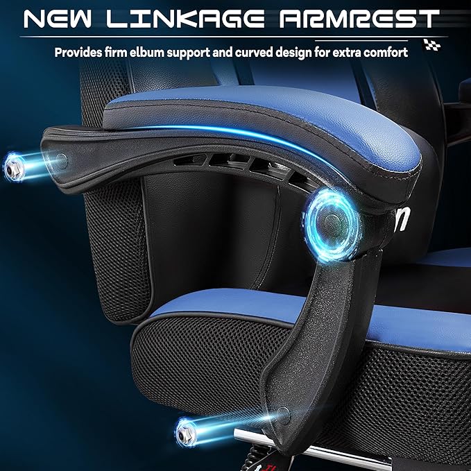 Gaming Chair with Footrest Video Game Chair for Adults Ergonomic Big and Tall Computer Chair with Massage Lumbar Height Adjustable 360° Swivel Seat and Headrest (Blue)