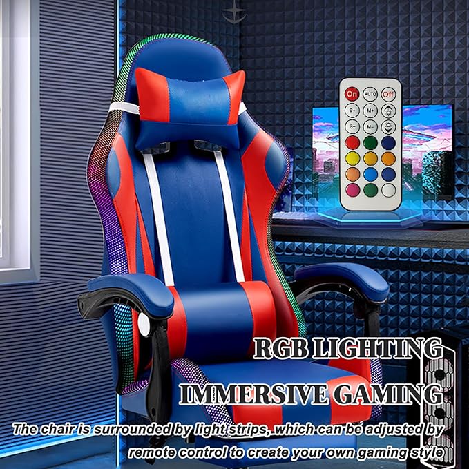 RGB Gaming Chair with Footrest Ergonomic Massage Computer Desk Chair Video Gaming Chair with Speakers Lumbar Support Height &amp Angles Adjustable Reclining Gamer ChairRgb/speaker/7 point massage