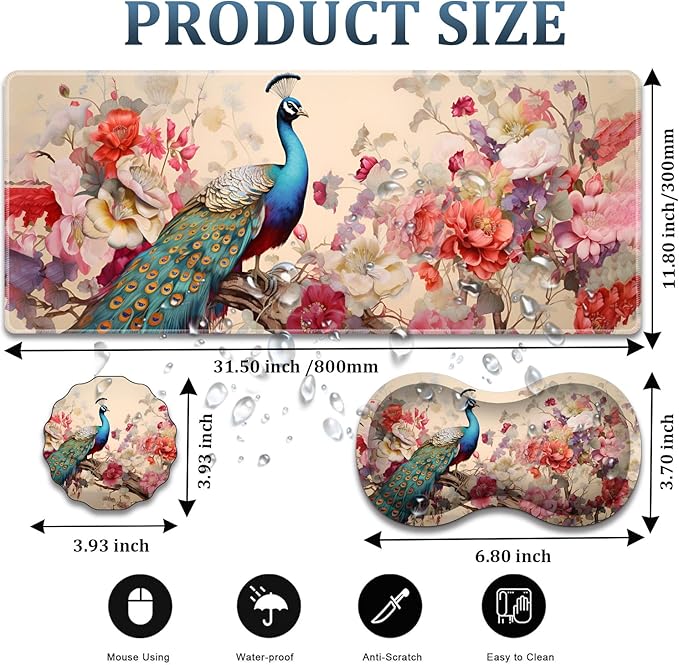 Large Gaming Mouse Pad + Wrist Rest + Lace Coaster Non-Slip Set with Sewn Edges and Waterproof Expandable Desktop Pad Suitable for Office/Home Peacock and Flowers
