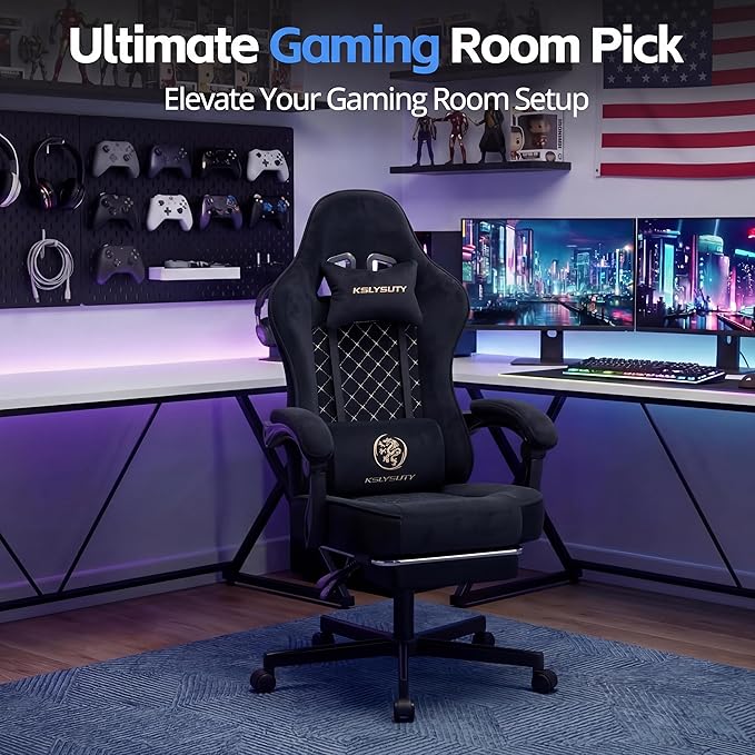 Desk Computer Gaming Chair - High Back Ergonomic Office Chair with Footrest and Lumbar Support Swivel Comfy Home Gamer Video Game Chairs with Pocket Spring Cushion for Adults (Black Fabric)